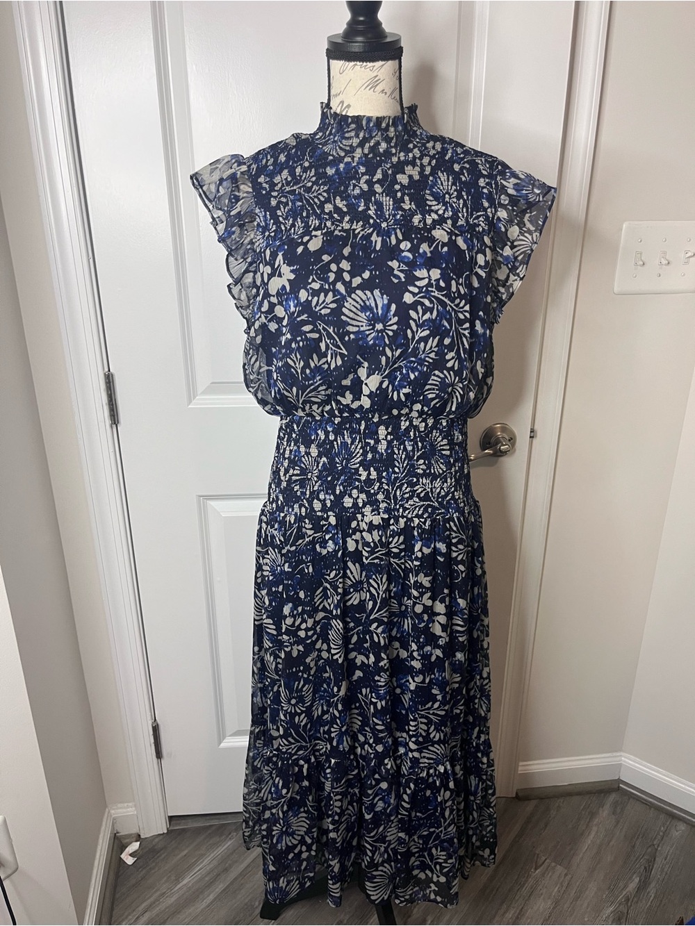 Aqua Navy and White Floral Smocked Maxi Dress